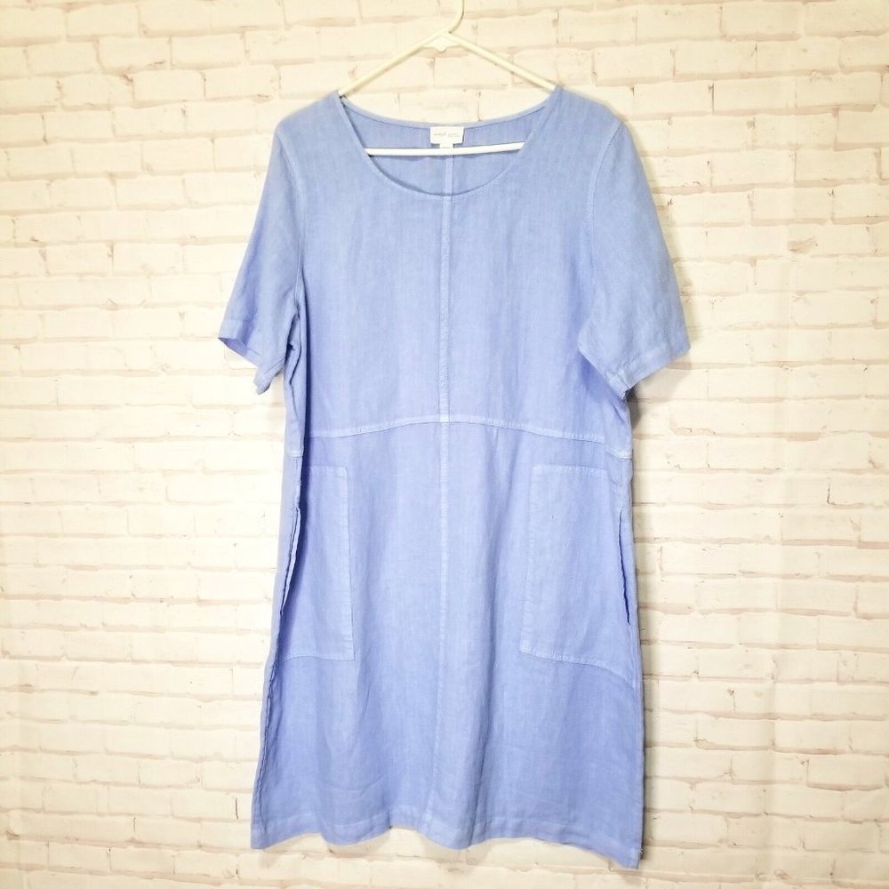 Pure jill Linen Dress Adult Large Solid Light Blue Preppy Short Sleeve Casual